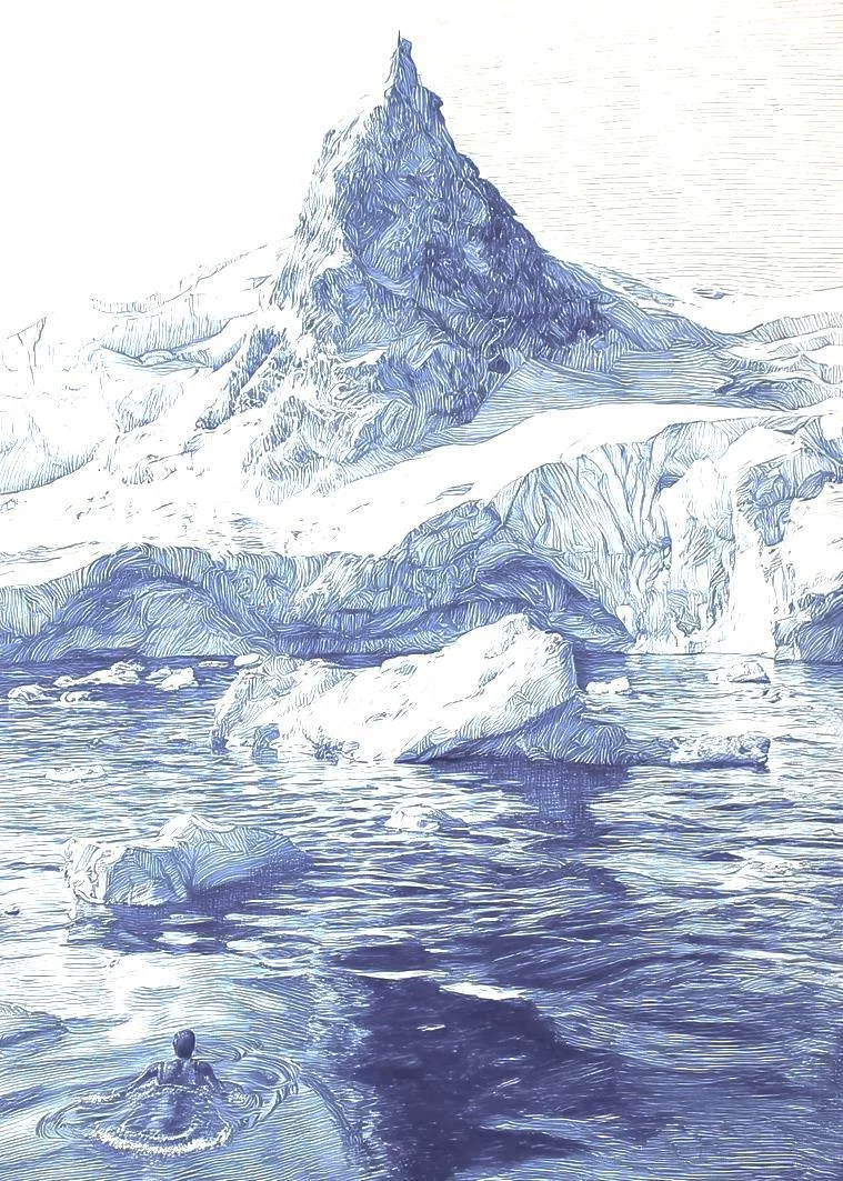 Blue ink drawing of a swimmer exploring icy waters beneath a mountain