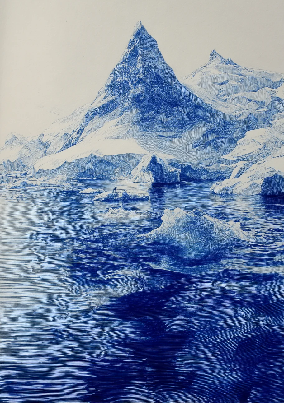 Illustrated blue ocean and mountain landscape