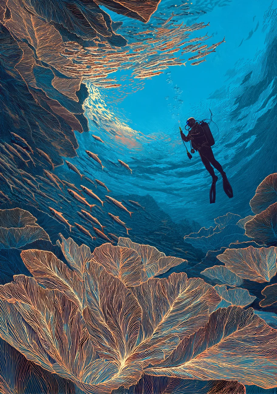 An illustrated diver navigating an underwater landscape
